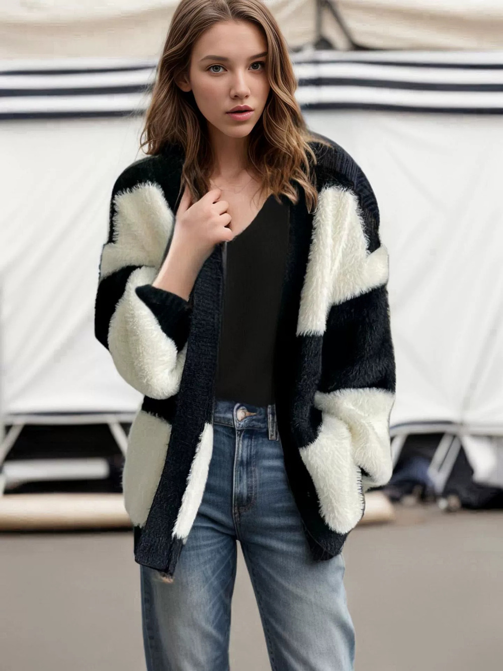 ZARA Mink Fleece Knit Cardigan Contrast Stripe Warm Autumn Winter Coat